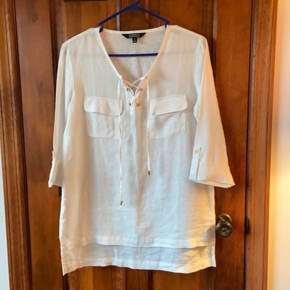 Ellen Tracy White Linen Blouse in Chalk - Picture 2 of 9